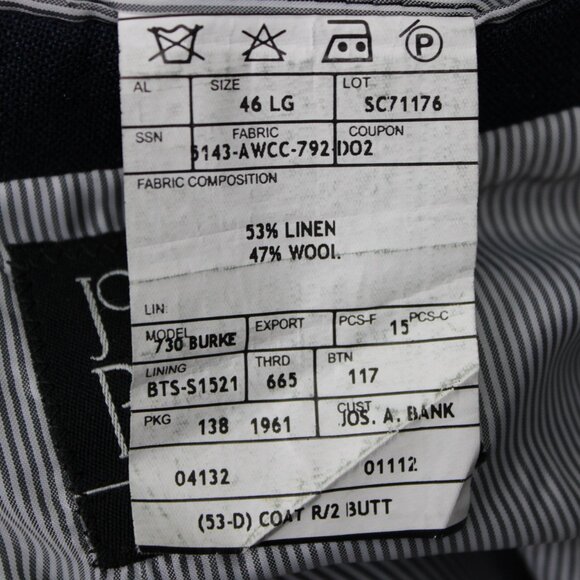 Jos. A. Bank 730 Burke Blazer Mens 46 L Blue Linen/Wool Blend Sports Jacket - Picture 7 of 13